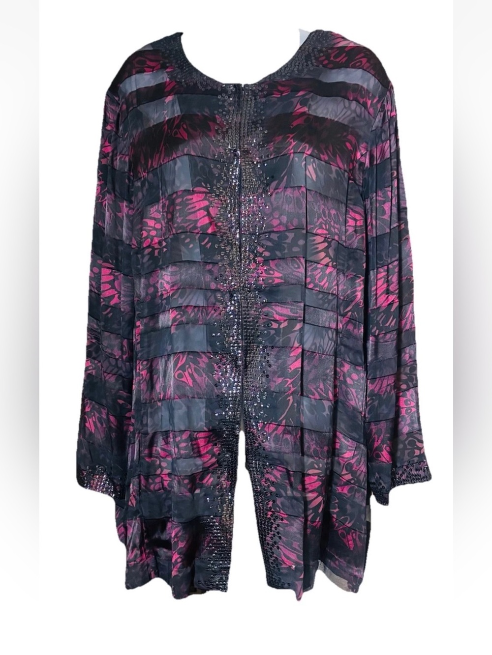 Chico's 3 Sequin Silk Blend Sheer Cardigan Jacket Burgundy Black Size XL 16/18